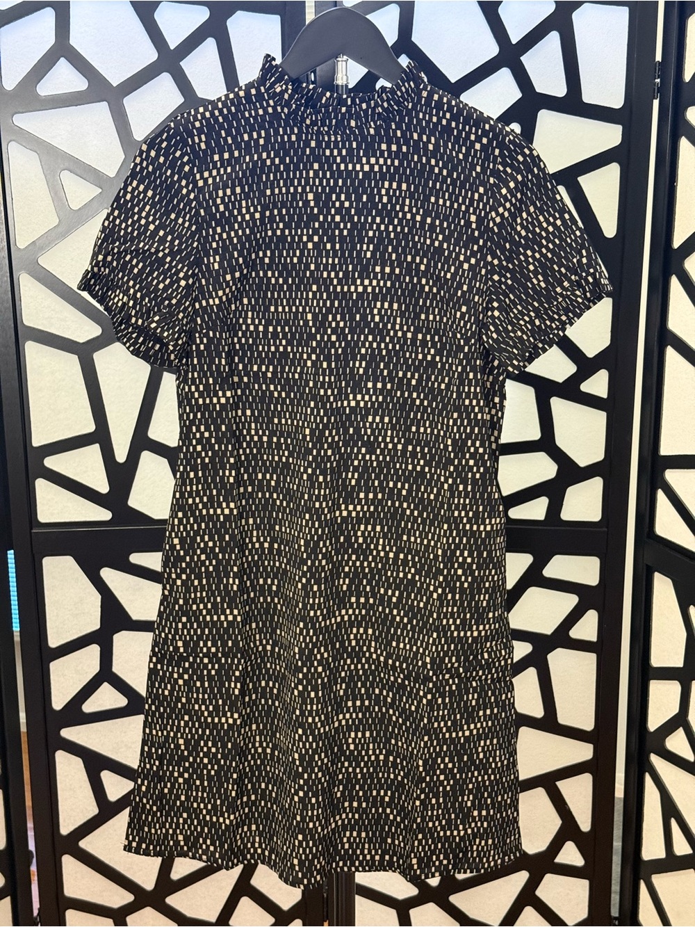 SM Wardrobe Black & White Confetti Dress Ruffled Neck & Sleeves. Pockets NWT
